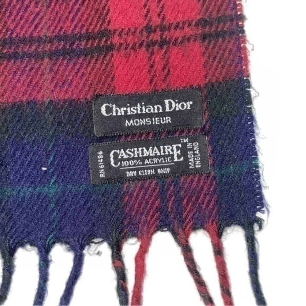 Christian Dior Tartan Plaid Red Fringe Scarf